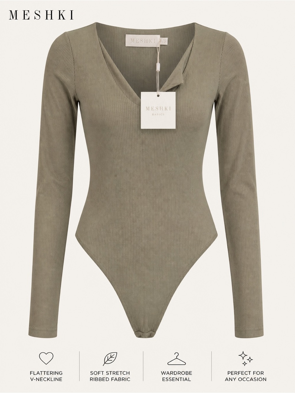 MESHKI Malene V-Neck Ribbed Long Sleeve Bodysuit Size M Olive NWT